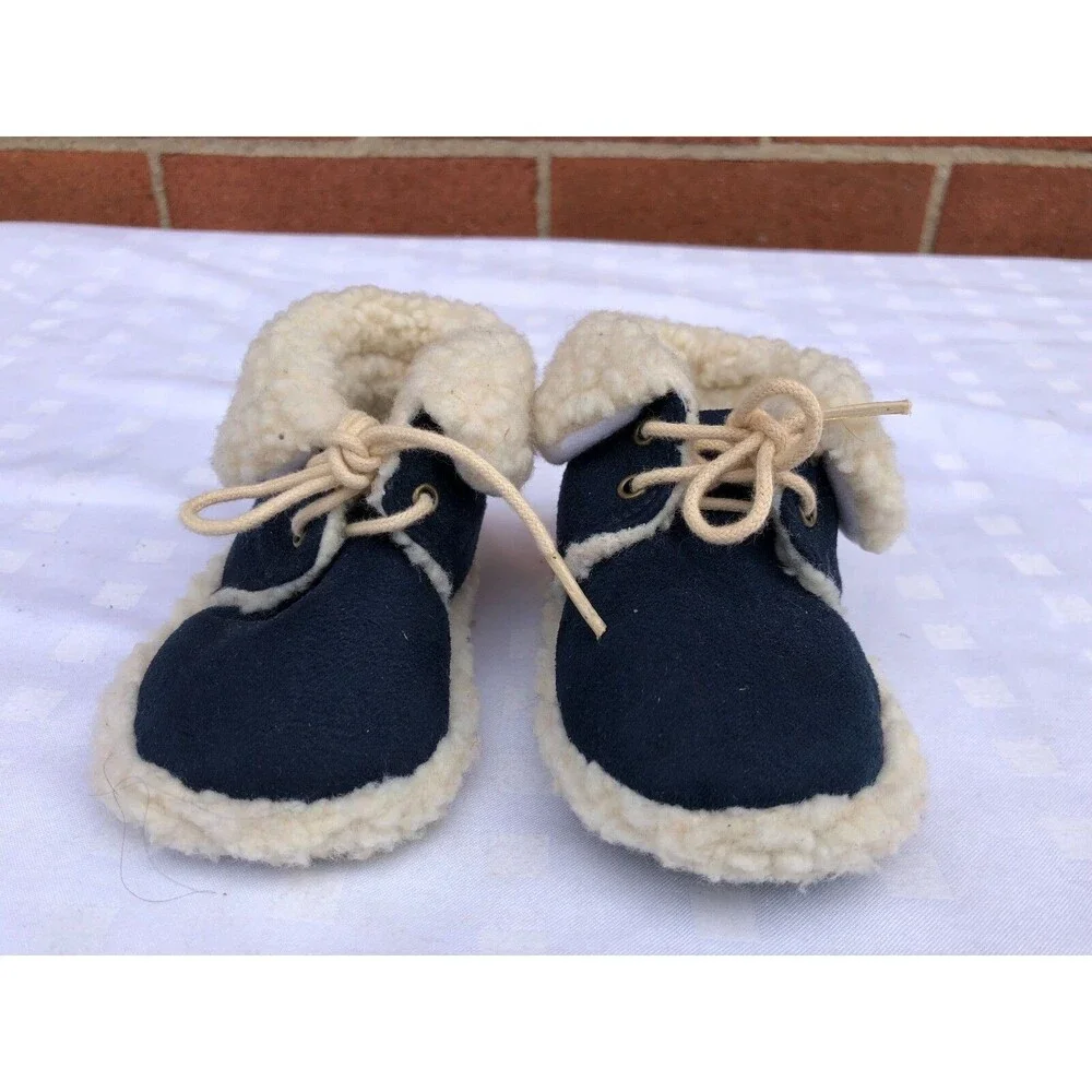 Gold Bug Baby Boy Girl faux Fur lace up navy Shoes Size S Small faux suede